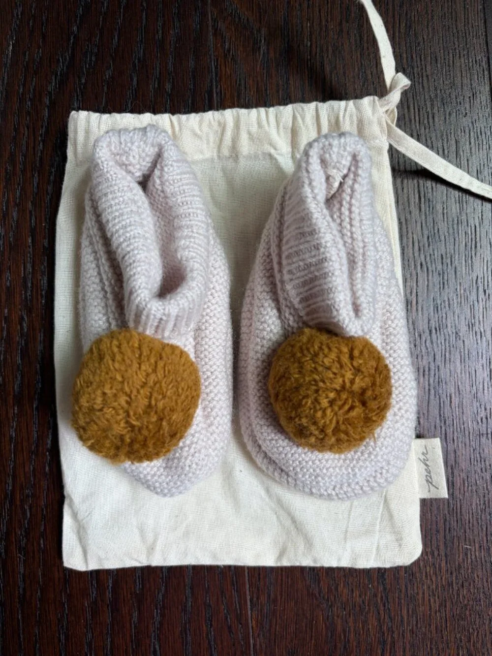 Pehr Knitted Baby Booties with Pom Pom (Beige / Mustard Yellow)